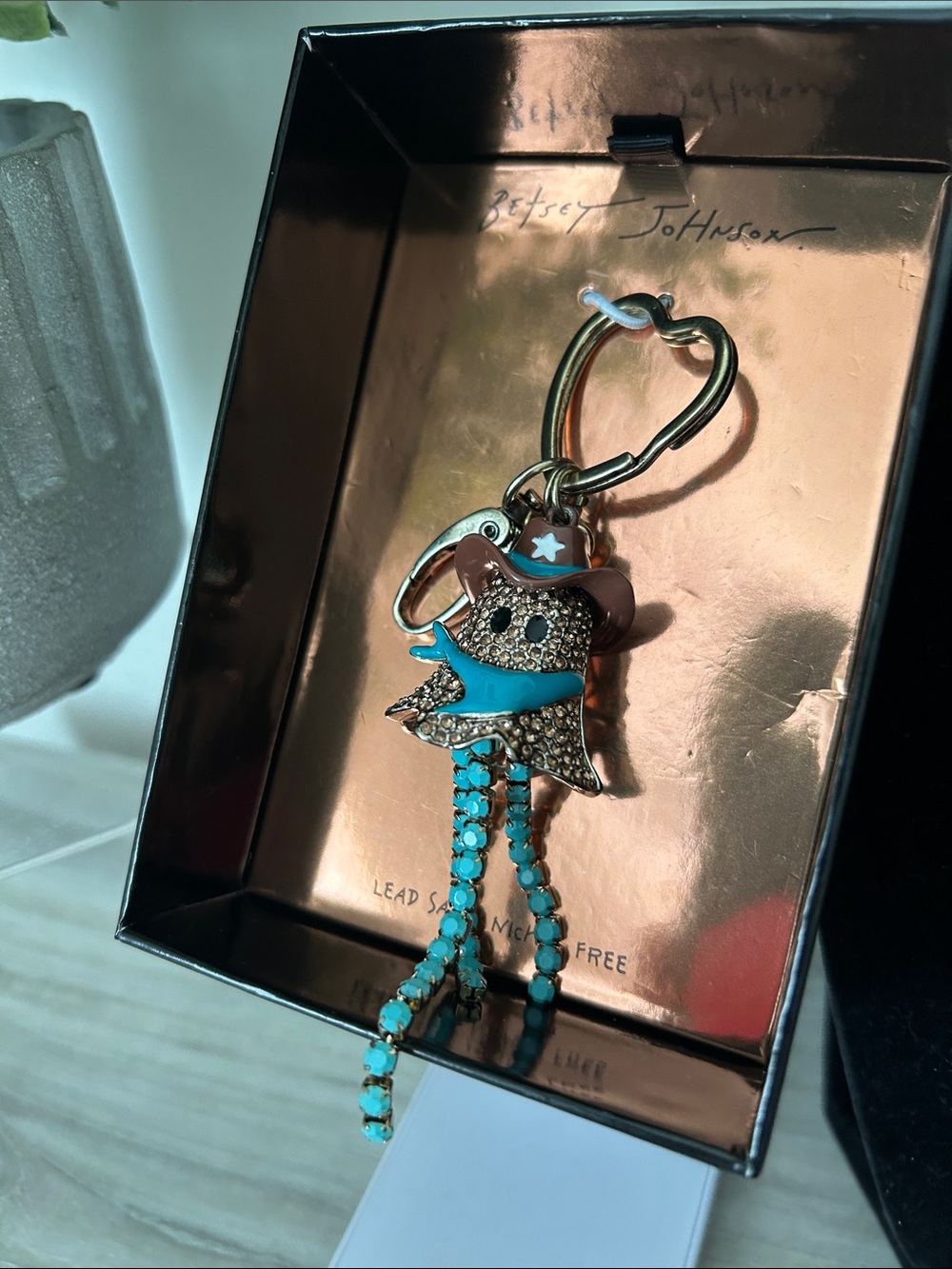 Betsey Johnson Turquoise Crystal Cowgirl Charm Keychain with Gold-Tone Accents